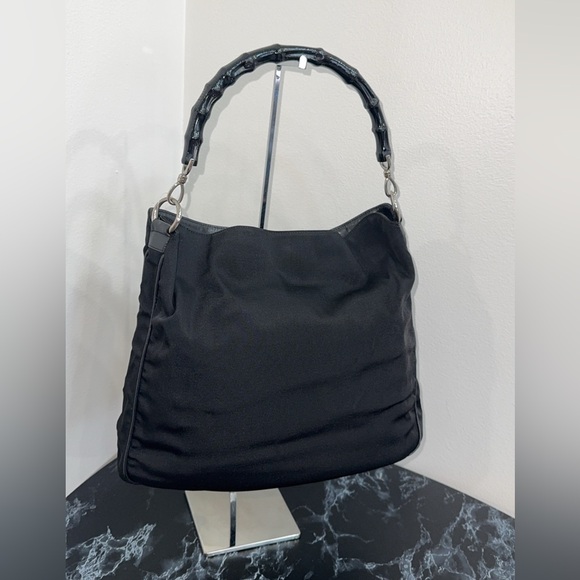 Gucci Bamboo Shoulder Bag Nylon Black Silver Handbag AUTHENTIC - Picture 10 of 14
